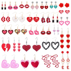 Valentijnsdag Hart Rode Lip Hanger Oorbellen Voor Vrouwen Zinklegering Strass Hanger Oorbellen Romantische Vakantie Sieraden