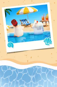 Detail of cute PAi dog cooling down blind box figurines in a miniature summer beach scene.