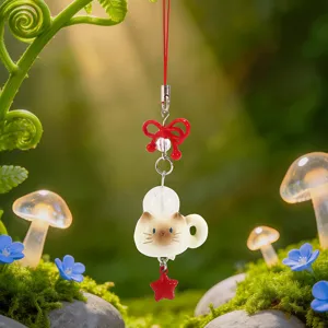 Figurine pendentif chat mignon féerique avec nœud rouge pour l'énergie et la décoration