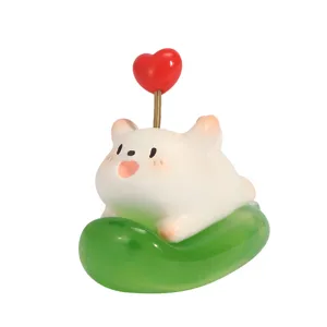 Cute white dog figurine desk ornament with red heart spring on green translucent base