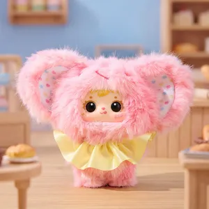 Adorable pink plush doll from the Bakery Series with large ears and a yellow ruffled collar