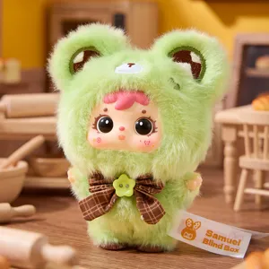Samuel Bakery Series cute plush blind box figure wearing a fuzzy green frog hood