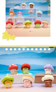 Group of cute resin mushroom elf figurines displayed on creative desktop stands