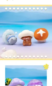 Macro detail of cute mushroom elf resin figurines on a dreamy beach background