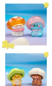 Close-up of cute mushroom sprite resin figurines with colorful glossy finishes