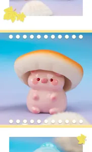 Detailed close-up of a cute pink mushroom pig resin figurine for desktop decoration