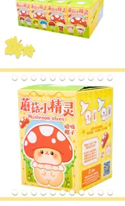 Detail view of the colorful and cute Mushroom Elves mystery blind box toy packaging