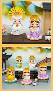 Detailed view of cute cartoon Mazu resin figurines in a traditional Chinese miniature scene.