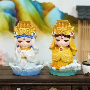 Creative cartoon Mazu goddess resin figurines set in traditional blue and yellow robes