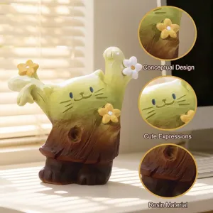 Figurine de chat en résine inspirée par la nature avec design de tronc d'arbre pour bureau