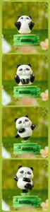 Detailed view of cute panda resin figurines in four different poses on bamboo bases