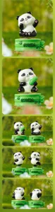 Detailed view of multiple cute panda resin figurines with different poses on bamboo bases