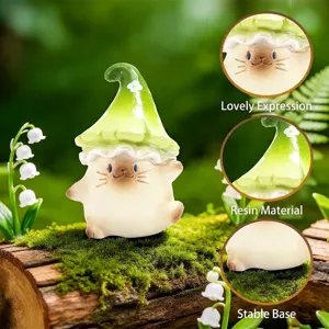 Figurine de chat en résine peinte à la main avec chapeau de champignon vert décor