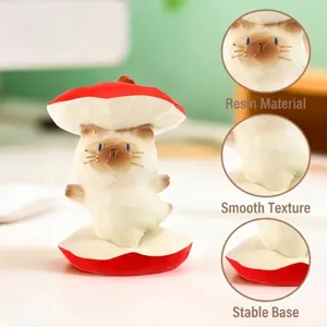 Adorable figurine de chat en résine avec chapeau champignon rouge pour décoration de bureau