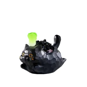 Figurine de chat noir en résine faite main avec cristaux irisés et décor de chou