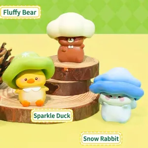 Detailed shot of cute mushroom-themed resin animal figurines like bears, ducks, and rabbits.