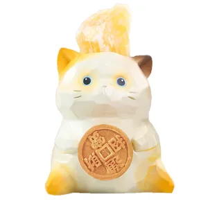 Figurine de chat créative en résine avec pièce d'or et pierre de cristal jaune brut