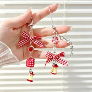 Handmade Beaded Apple Fruit Keychain Sweet Plaid Bow Resin Phone Lanyard Charm Creative Cute Bag Ornament For Women Gift