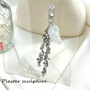 Detail of iridescent angel wing and star chain tassel on a silver metal keychain