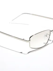 Detail shot showing the sleek silver metal frame and hinge of Y2K square glasses