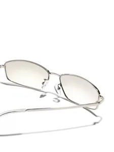 Detail view of Y2K silver metal square frame sunglasses with gradient tinted lenses