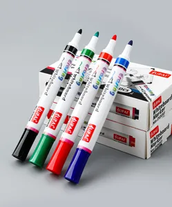 Detailed view of 4 colored erasable whiteboard markers in black, green, red, and blue.