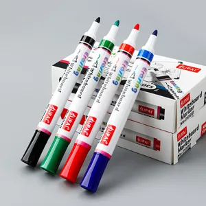 Set of 4 colorful dry erase whiteboard markers with caps and packaging boxes for office.