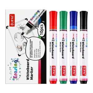 Erasable whiteboard markers set with four vibrant colors and packaging box for office and school.