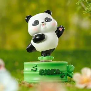 Cute cartoon panda resin figurine rotating desk ornament with green bamboo style base