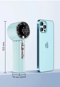 Detailed view of the high-speed handheld fan with digital display and size reference.