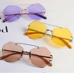 Fashion Rimless Irregular Polygon Sunglasses For Women Men Metal Double Bridge Geometric UV400 Protection Sunglasses Outdoor Eyewear