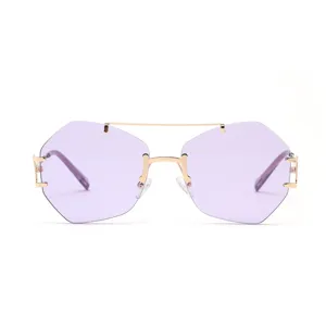 Trendy rimless irregular purple sunglasses with gold metal double bridge for women.