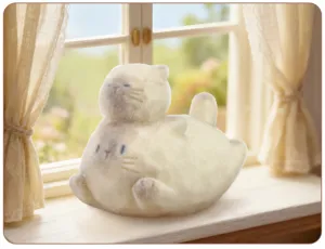 Détail d'une figurine de chat crème floquée avec une texture de fourrure douce