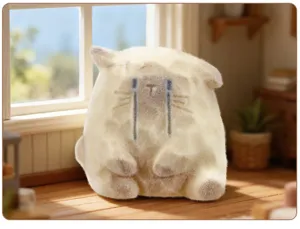 Gros plan d'une adorable figurine de chat qui pleure en velours dans une pièce cosy