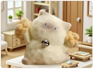 Gros plan d'une figurine de chat siamois floqué avec une clochette dans une pièce.