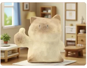 Vue macro d'une figurine de chat floqué mignonne faisant un geste de pouce levé