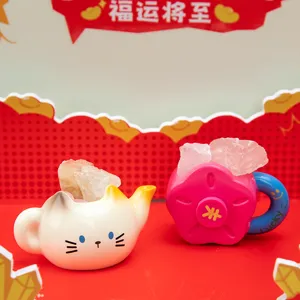Tetera de resina de gato y taza de flor con piedras de cristal de energía de la suerte