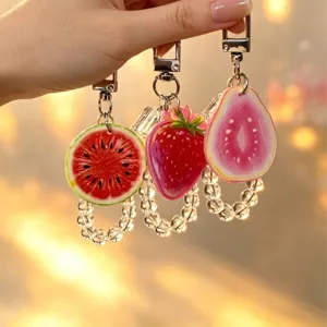 Creative Fruit Slice Keychain With Acrylic Beads Ice Cube Charm Cute Bag Pendant Strawberry Guava Watermelon Style Accessory