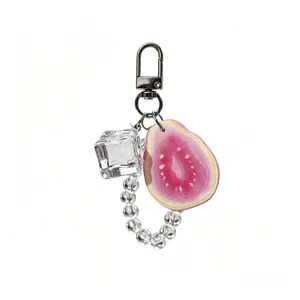 Creative guava fruit keychain featuring a realistic ice cube and crystal bead charms