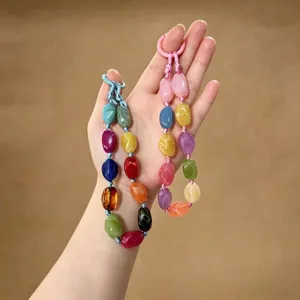 Handmade Irregular Stone Beaded Phone Chain Wrist Lanyard Marble Texture Resin Anti-lost Strap For Women Daily Accessory