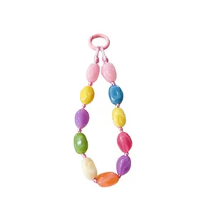 Colorful stone-shaped beaded phone strap with pink ring lanyard for women.