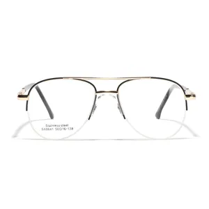 Classic metal double-bridge eyeglasses with clear lenses and stylish large silver frame