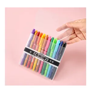 Hand opening clear 12-pack of vibrant dual-tip oil-based markers for art projects.