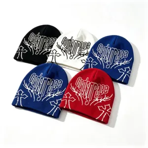 Hip Hop Streetwear Acrylic Beanie Hat Double Sided Jacquard Letter Cross Pattern Warm Knit Hat For Men Women Winter Skateboard Cap