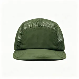 Detailed view of olive green five-panel mesh baseball cap with breathable fabric