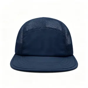 Front view of a breathable navy blue five-panel mesh cap ideal for outdoor sports and camping
