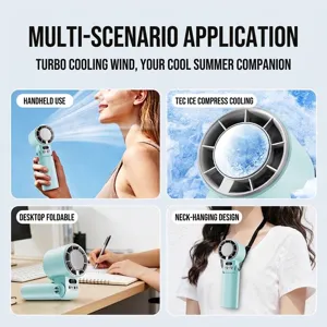 Mini ventilador de mano con enfriamiento por hielo, diseño plegable y correa de cuello