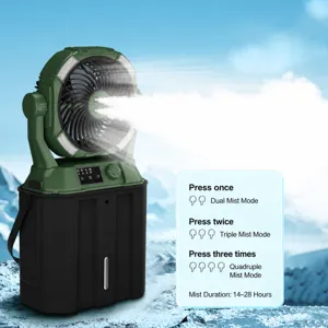 Outdoor camping misting fan USB rechargeable portable cooling fan with LED lights.
