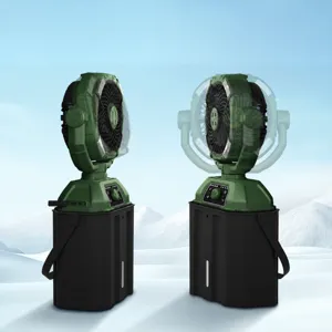 Portable outdoor camping fan with USB charging, 360-degree rotation, and LED light.