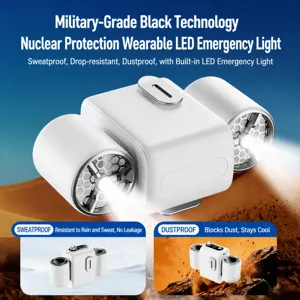 Portable double barrel waist fan with dual LED emergency lights for outdoor cooling use.
